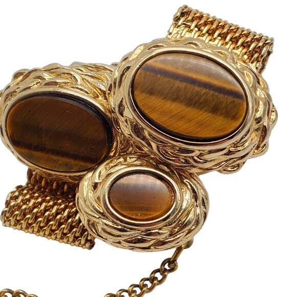 Vintage Tigers Eye Cufflinks Tie Tack Set Gold Mesh Wrap 1960s 70s Mens Jewelry - Picture 4 of 5